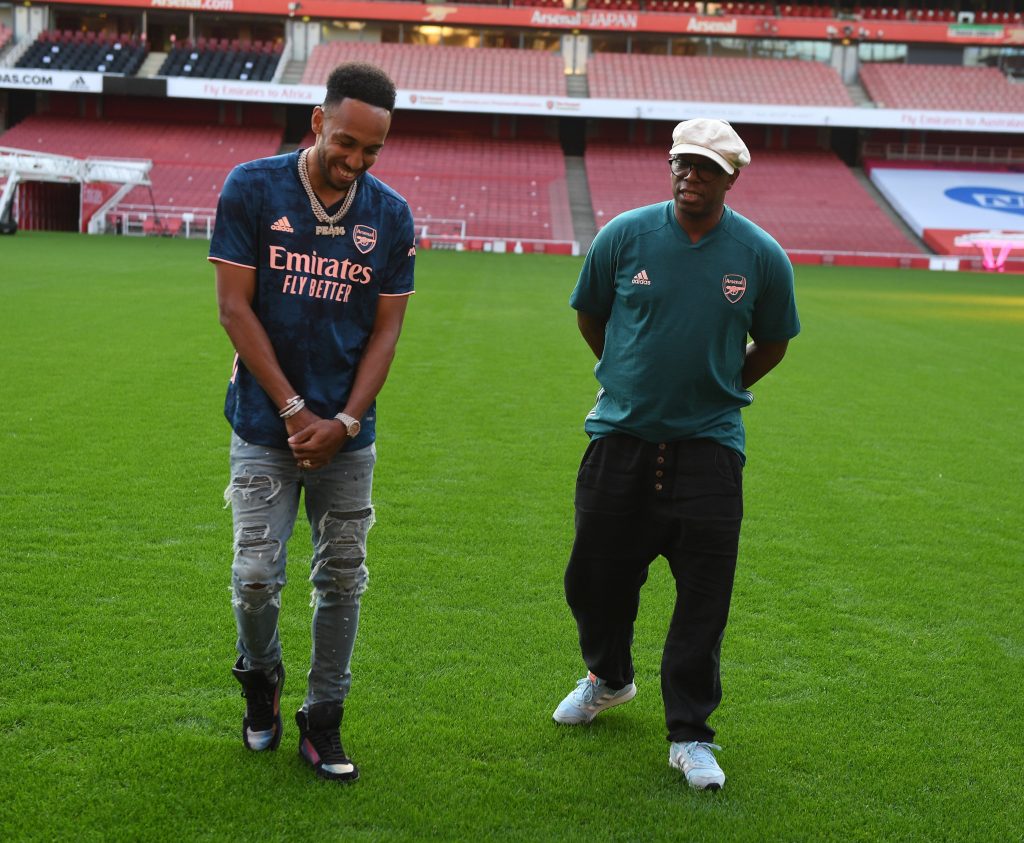 Aubameyang and gunners' legend Ian Wright at Emirates Stadium after his contract extension.