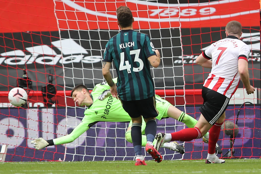 A picture of of Illan Meslier's save on Lundstram's strike during first half of Sheffield vs Leeds. Credit : BBC