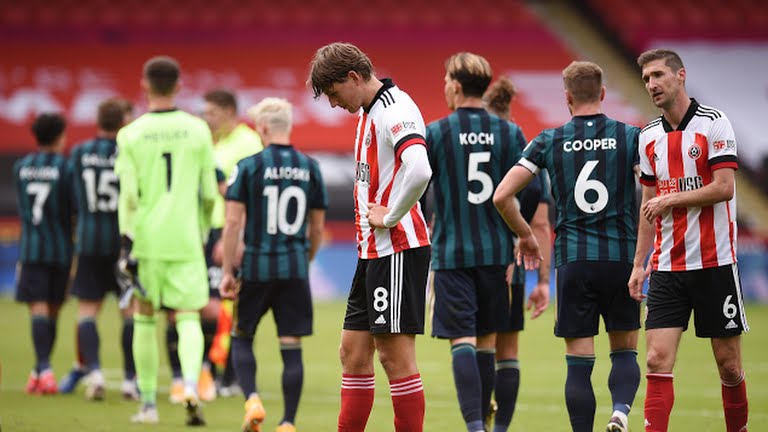 Sheffield United players affected by the defeat against Marcelo Bielsa's Leeds. Credit : Reuters.