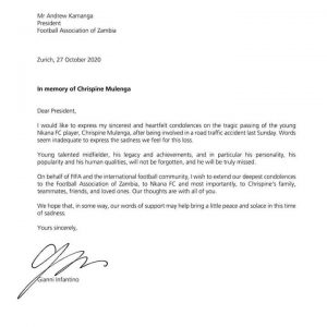 Infantino letter to Zambia FA over Mulenga demise