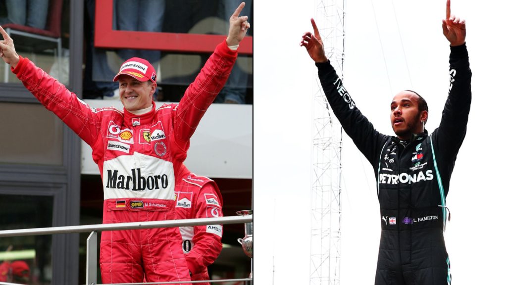 Legendary driver Michael Schumacher (left) and Lewis Hamilton (right).