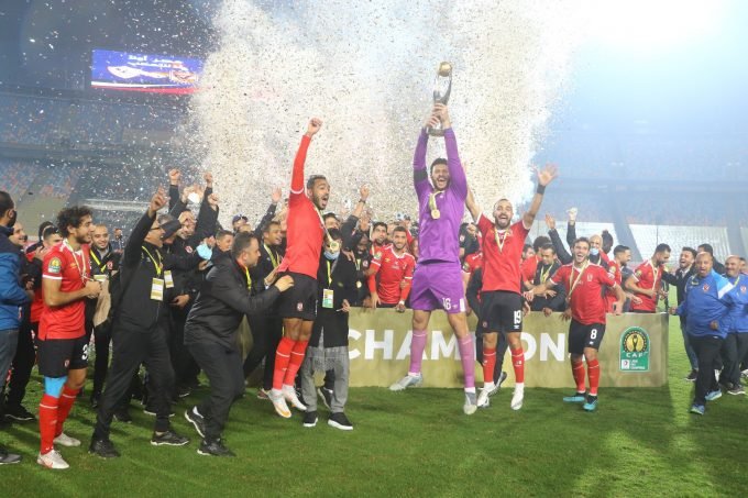 Pitso Mosimane and his men celebrating the CAF Champions league trophy.