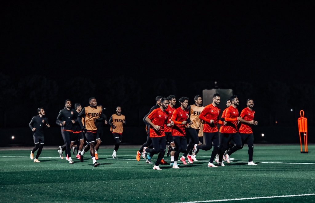 Al Ahly completing their last training session Wednesday night.