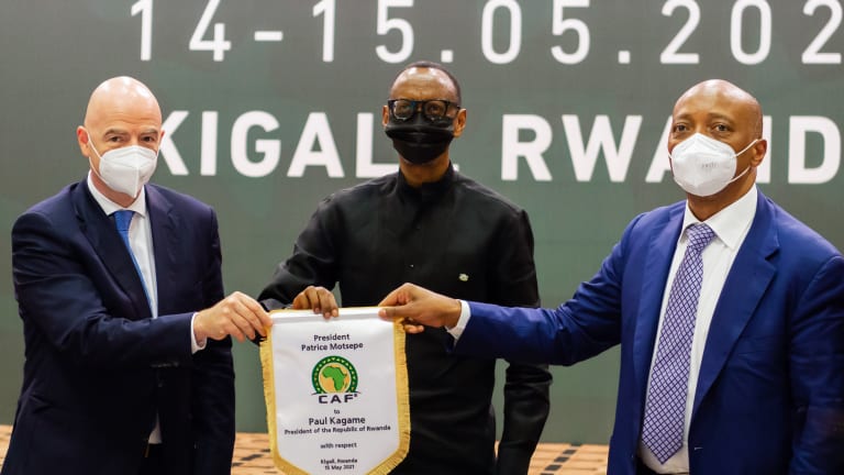 FIFA Prez Gianni Infantino (Left), Rwanda Prez Paul Kagame (middle) and CAF Prez Patrice Motsepe during Executive Committee in Kigali. 