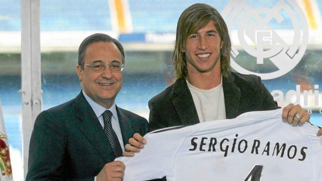 Sergio Ramos with Real Madrid president Florentino Perez during his unveiling ceremony in 2005.