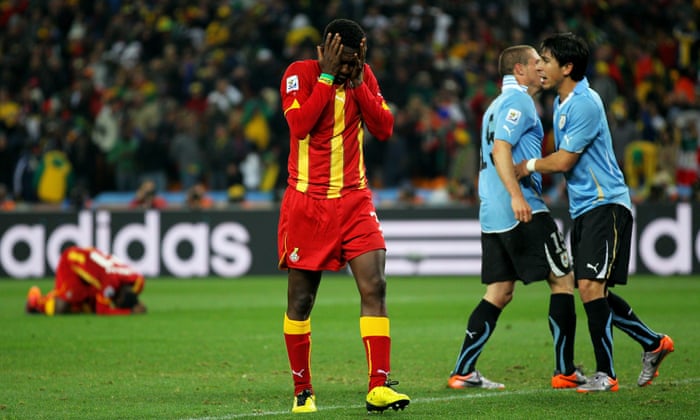 Asamoah Gyan after missing his penalty against Uruguay.
