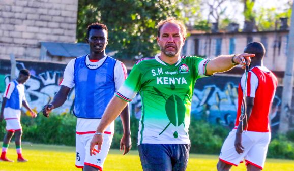 Sebastien Migne leading a training session with Kenya's Harambee Stars.