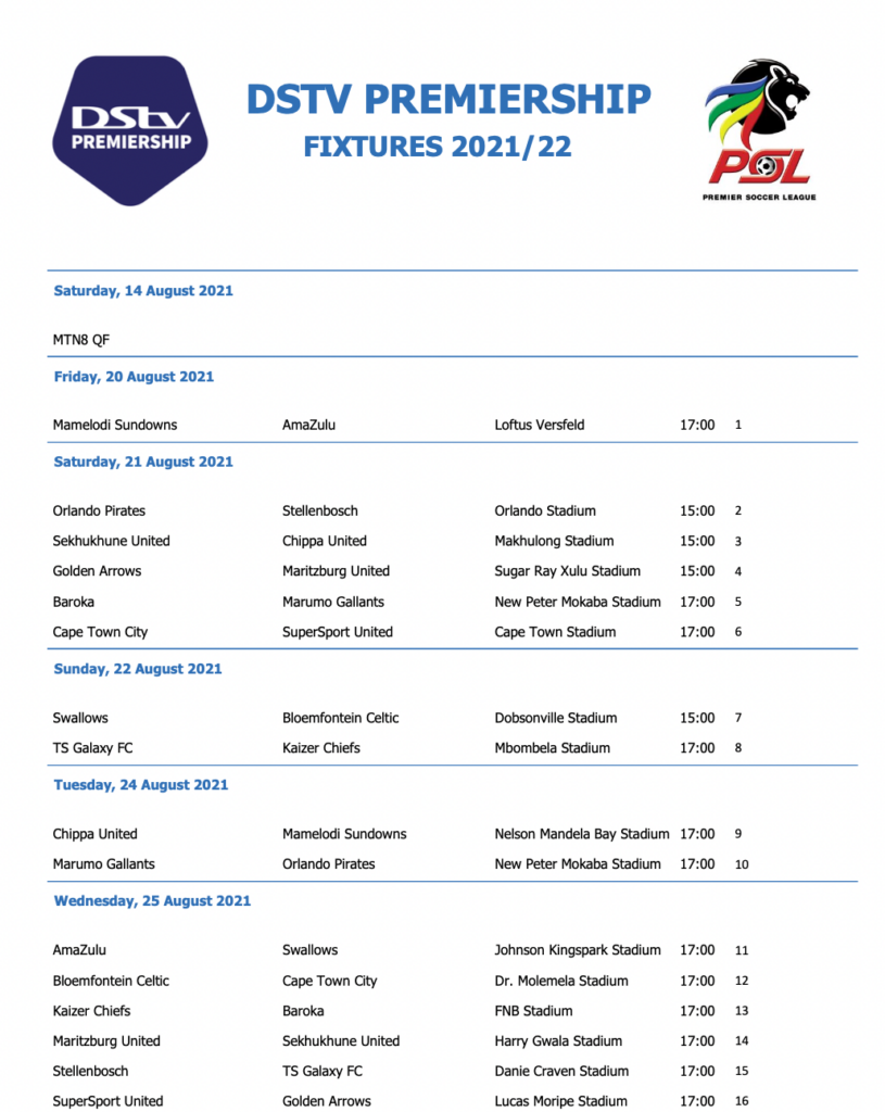 2021/22 Dstv Premiership kick-off date and matchday 1 fixtures leaked