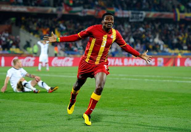 Asamoah Gyan celebrating a goal during 2010 World Cup in South Africa.