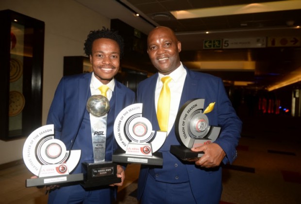 Percy Tau and Pitso Mosimane with individual awards at Sundowns.