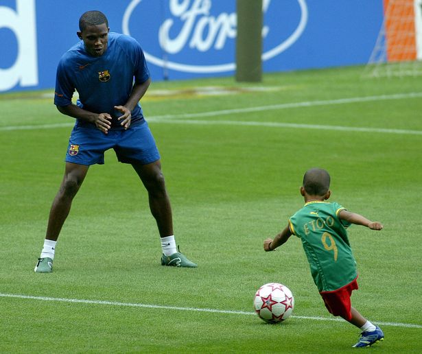 Etienne Eto'o and his father Samuel training at Barça.
