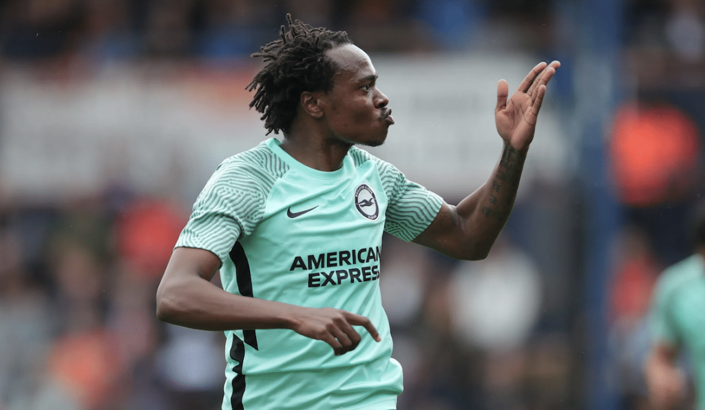 Percy Tau celebrating after netting his first ever Brighton goal.