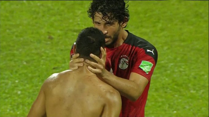 Ahmed Hegazi celebrating with Mostafa Mohamed against Gabon.