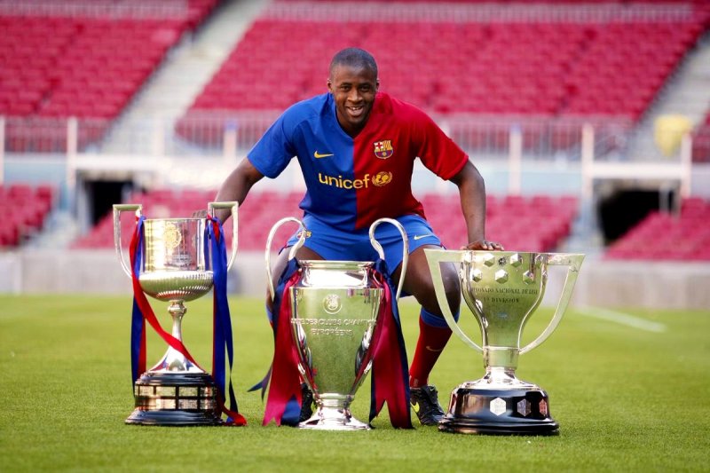 Yaya Touré with some of his trophies won at FC Barcelona.