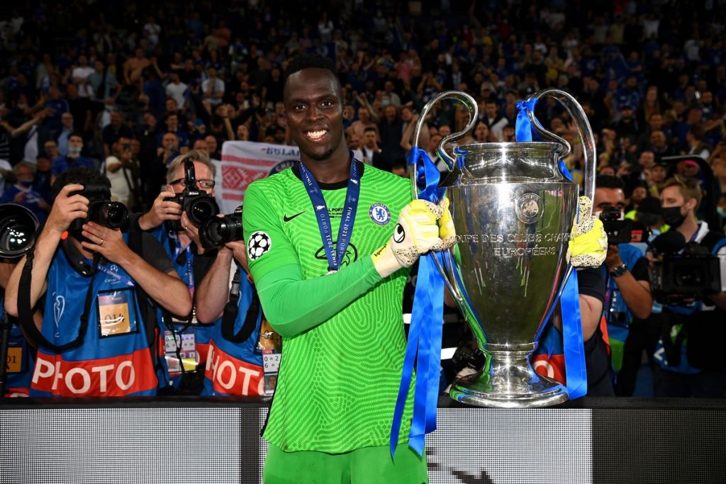 Edouard Mendy with the UEFA Champions league trophy.