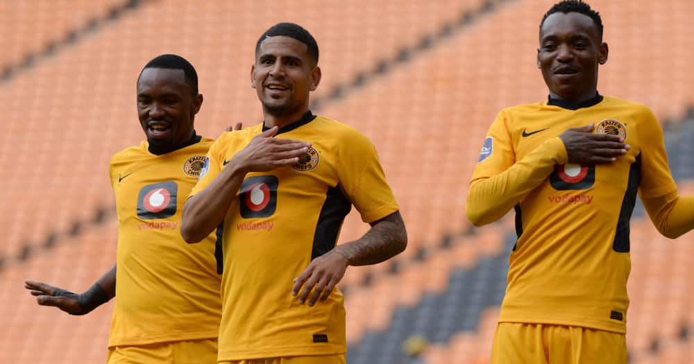 Keagan Dolly celebrating with Chiefs' teammates during the Soweto derby.