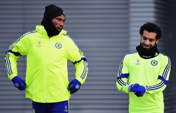 Didier Drogba and Mo Salah during training session at Chelsea.