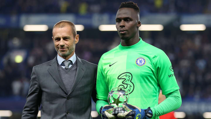 Edouard Mendy with the 2021 UEFA Goalkeeper of the Year Award.