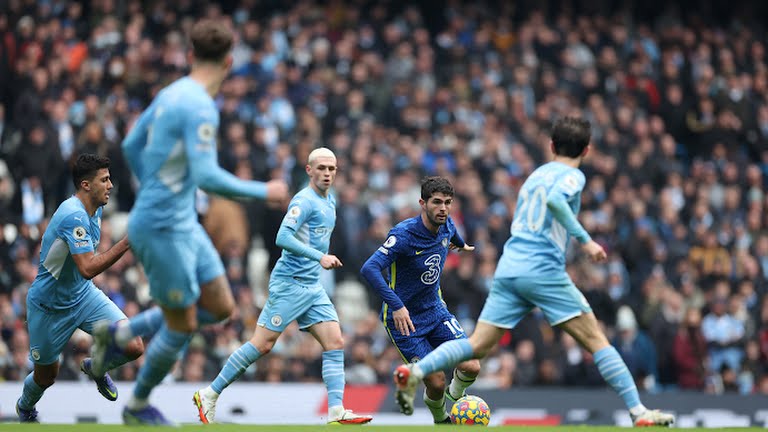 Christian Pulisic in action during the Man City vs Chelsea clash.