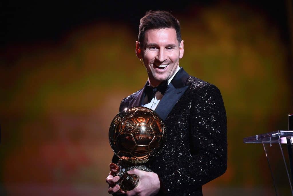 Lionel Messi with his seventh Ballon d'Or in December 2021.