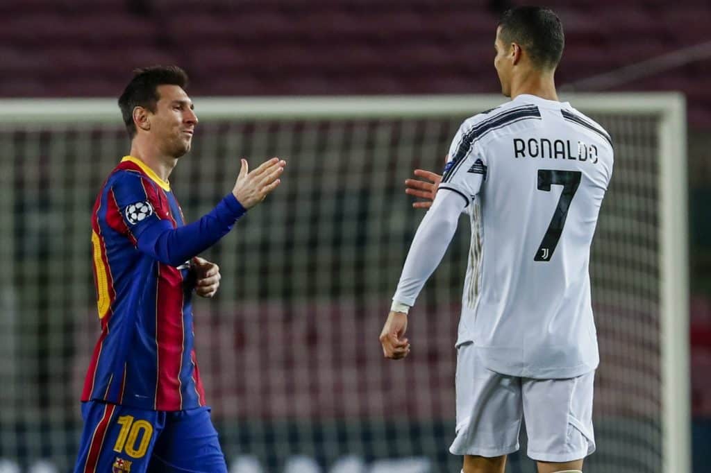 Messi and Ronaldo after CR7 netted a brace vs Barça in 2020 in UCL.
