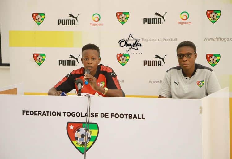 Nathalie Badate during a press conference alongside Togo head coach Kai Tomety. ©ObeyStar