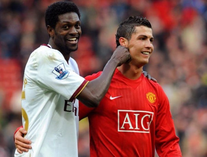 Emmanuel Adebayor (Arsenal) and Cristiano Ronaldo (Man United).