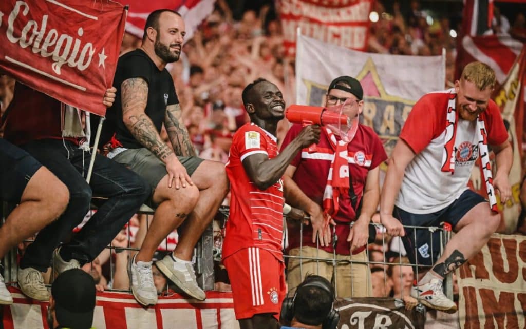Sadio Mane celebrating his first Bayern Munich title with the fans.