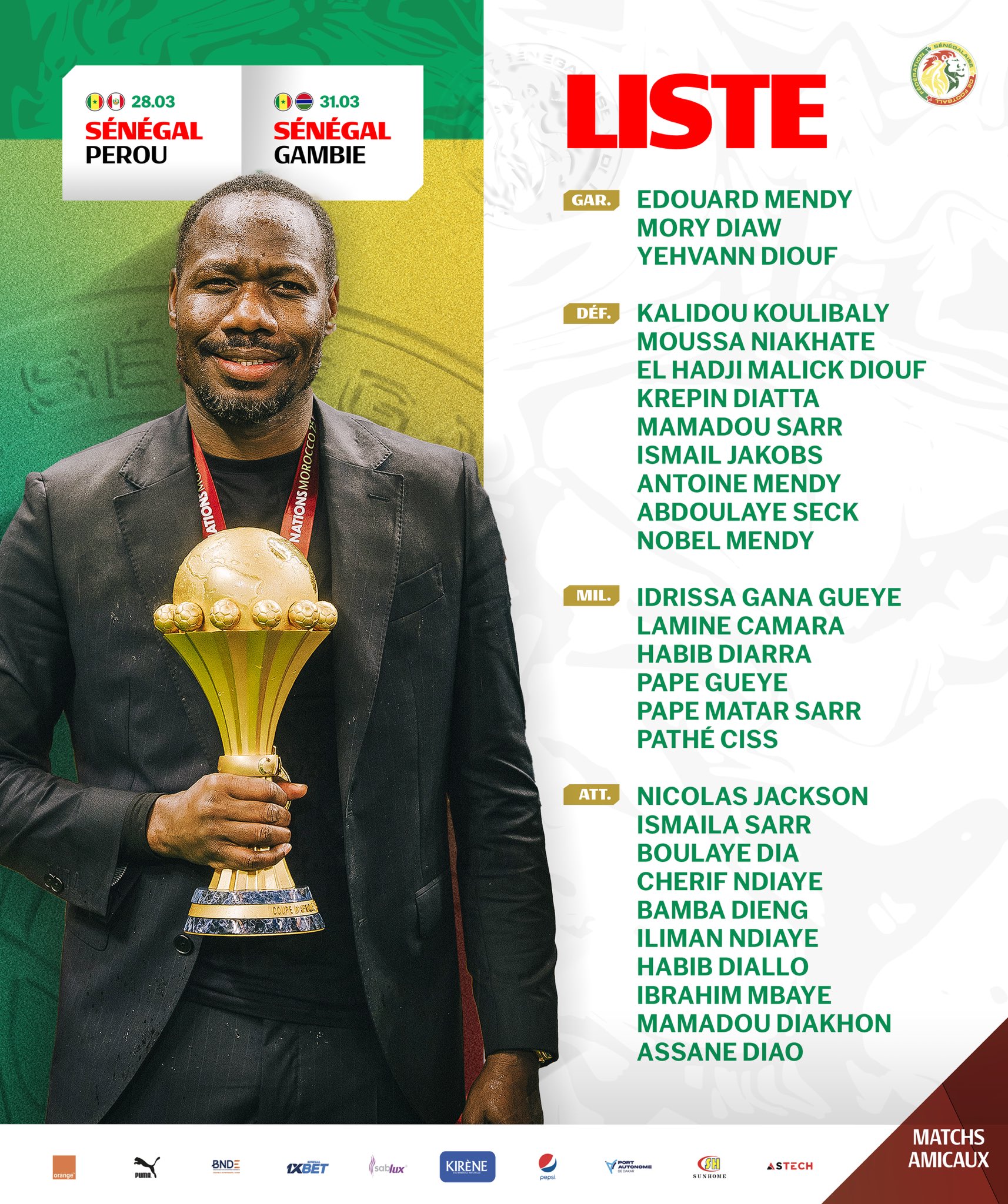 Senegal Unveil Strong Squad for March Friendlies Against Peru and Gambia Senegal Unveil Strong Squad for March Friendlies Against Peru and Gambia