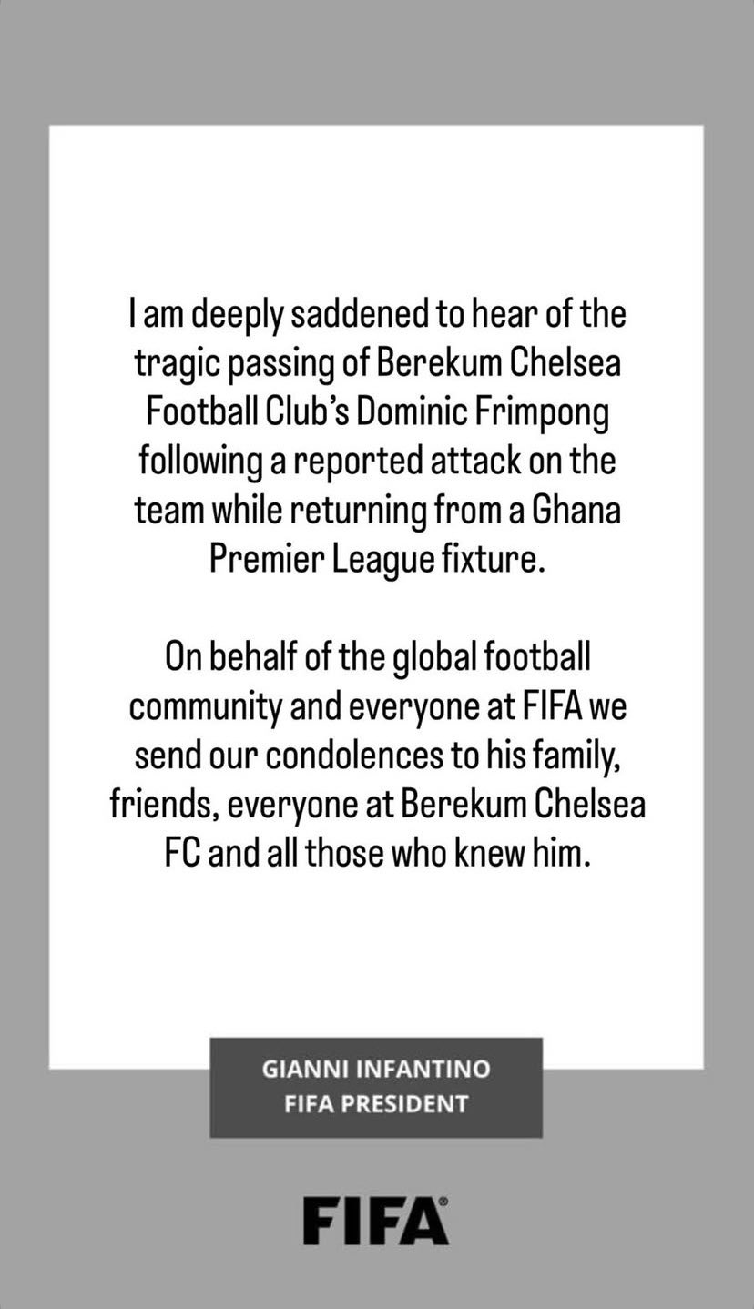 Infantino Leads Global Tributes After Tragic Death of Berekum Chelsea Forward Dominic Frimpong
