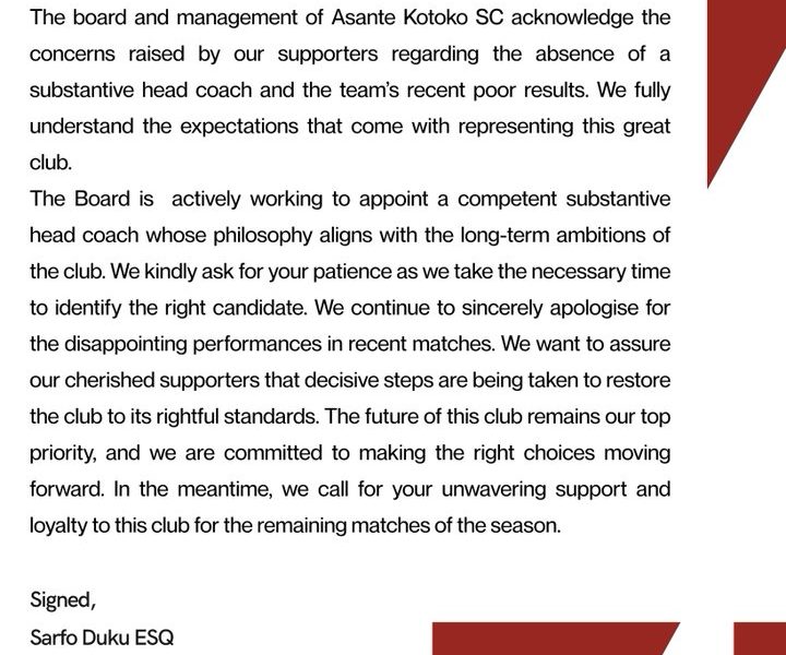 GPL : Kotoko Board Apologises to Fans Amid Coaching Uncertainty and Poor Form