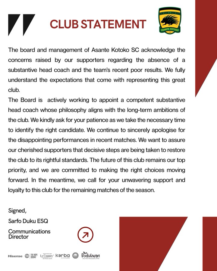 GPL : Kotoko Board Apologises to Fans Amid Coaching Uncertainty and Poor Form