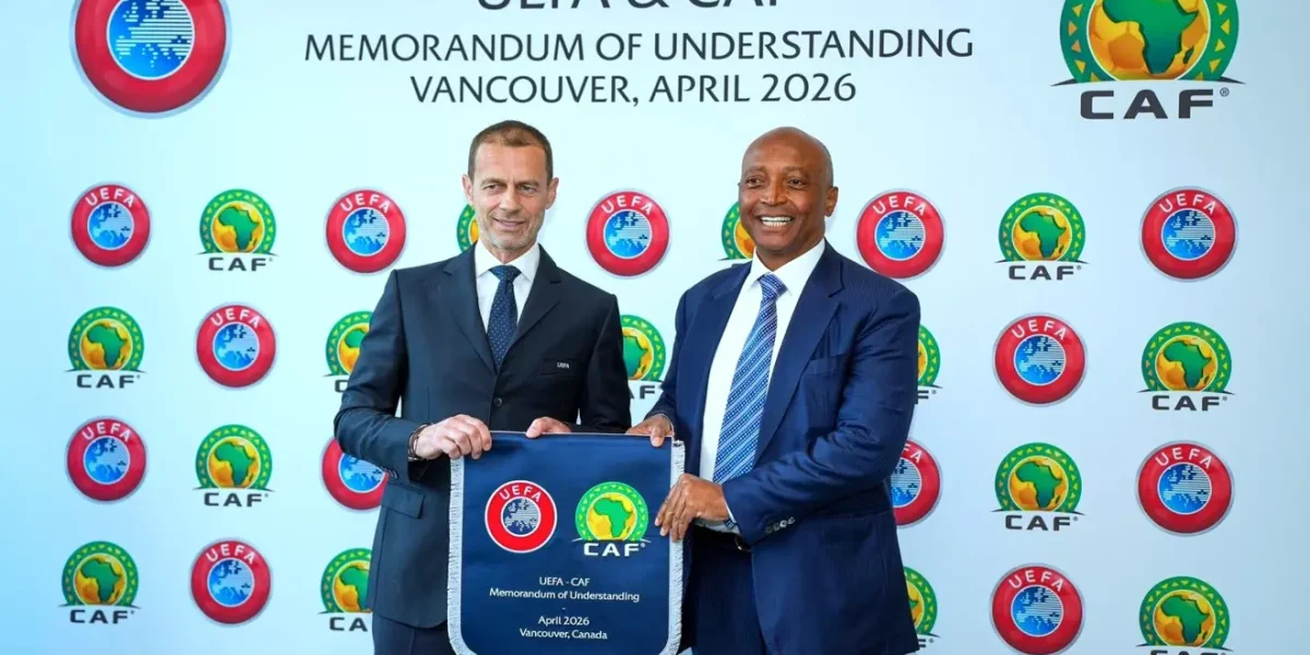CAF President Dr Motsepe and UEFA President Mr Čeferin sign MoU