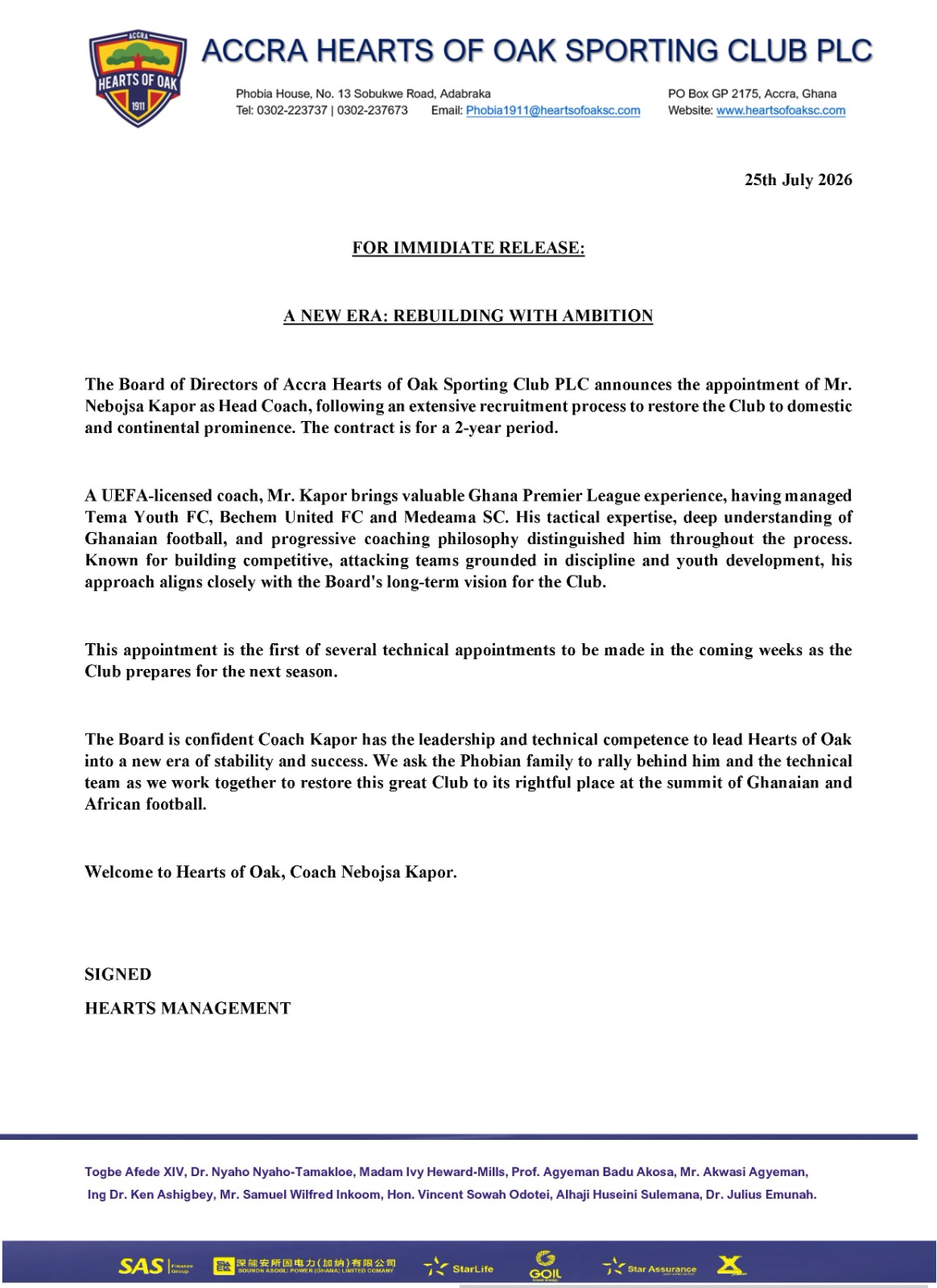 GPL: Hearts of Oak Declare New Era of Rebuilding with Ambition GPL: Hearts of Oak Declare New Era of Rebuilding with Ambition