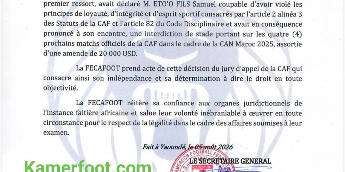 CAF Appeal Board Overturns Sanctions Against Samuel Eto’o After Successful Appeal