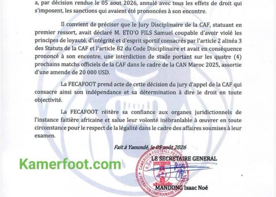 CAF Appeal Board Overturns Sanctions Against Samuel Eto’o After Successful Appeal