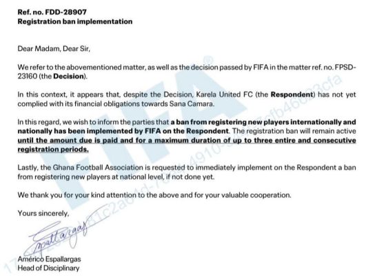 FIFA Slaps Transfer Ban on Karela United Over Unpaid Debt to Sana Camara