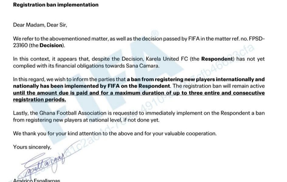 FIFA Slaps Transfer Ban on Karela United Over Unpaid Debt to Sana Camara