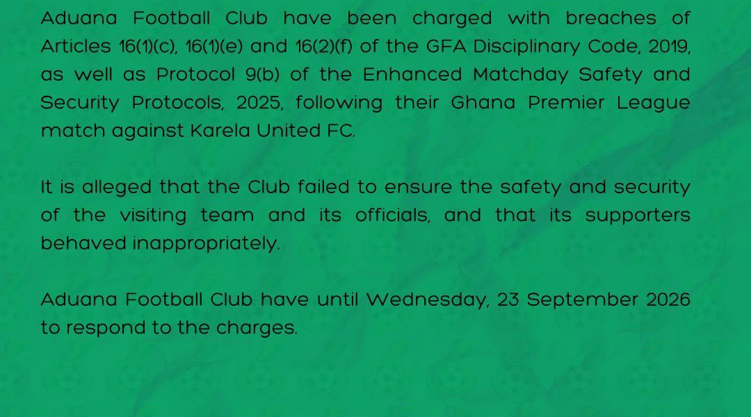 GPL: Aduana FC Charged Over Alleged Matchday Safety and Supporter Conduct Breaches